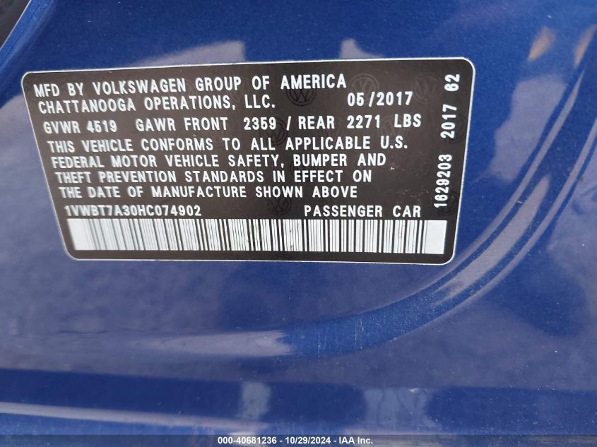 2017 Volkswagen Passat 1.8T Se VIN: 1VWBT7A30HC074902 Lot: 40681236