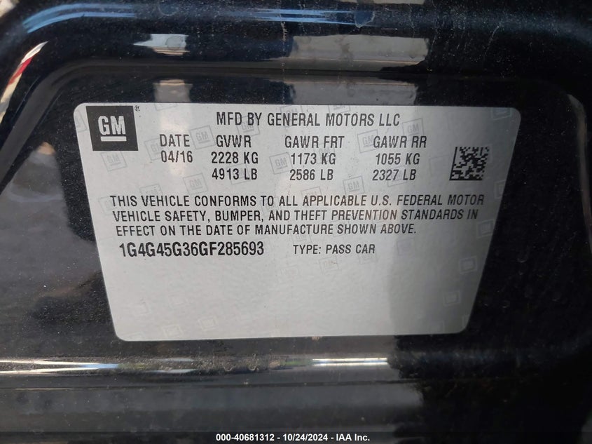 2016 BUICK LACROSSE VIN: 1G4G45G36GF285693