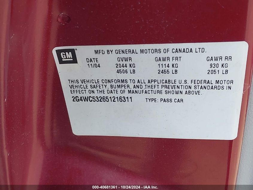 2005 Buick Lacrosse Cx VIN: 2G4WC532651216311 Lot: 40681361