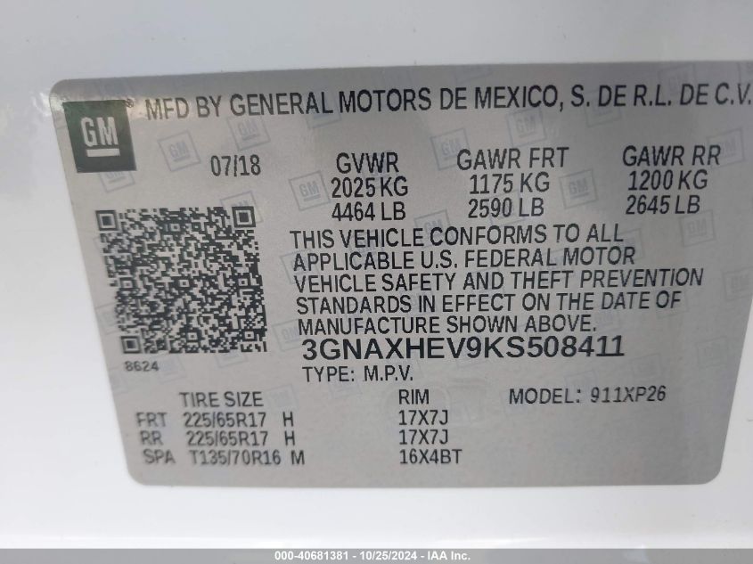 2019 Chevrolet Equinox Ls VIN: 3GNAXHEV9KS508411 Lot: 40681381