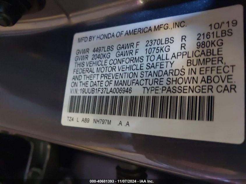 2020 Acura Tlx Standard VIN: 19UUB1F37LA006946 Lot: 40681393