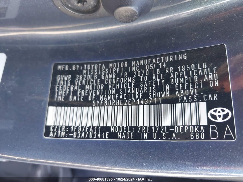 2014 TOYOTA COROLLA VIN: 5YFBURHE2EP143711