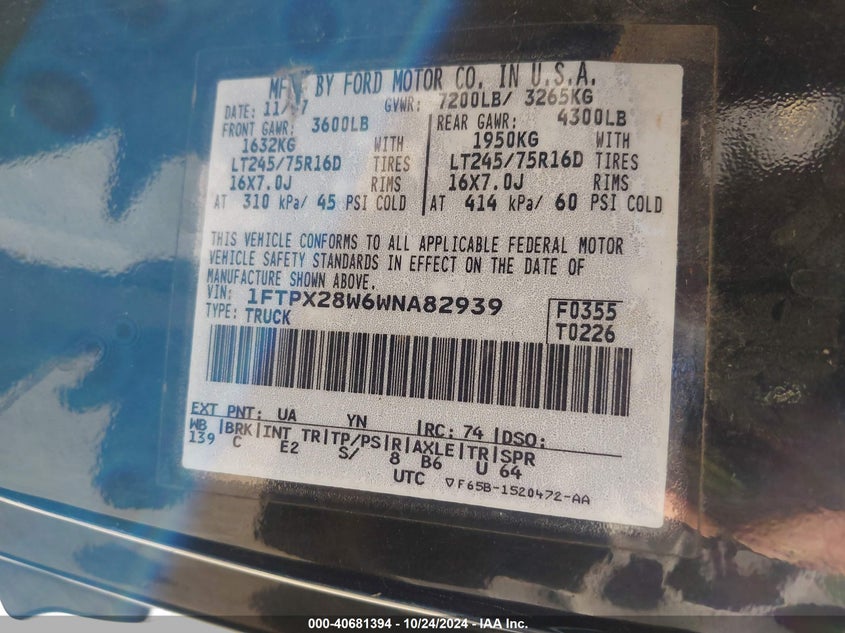 1998 Ford F-250 Lariat/Standard/Xl/Xlt VIN: 1FTPX28W6WNA82939 Lot: 40681394