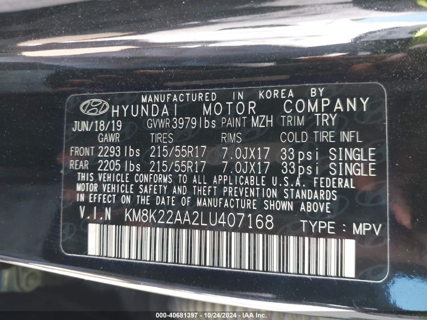 2020 Hyundai Kona Sel VIN: KM8K22AA2LU407168 Lot: 40681397