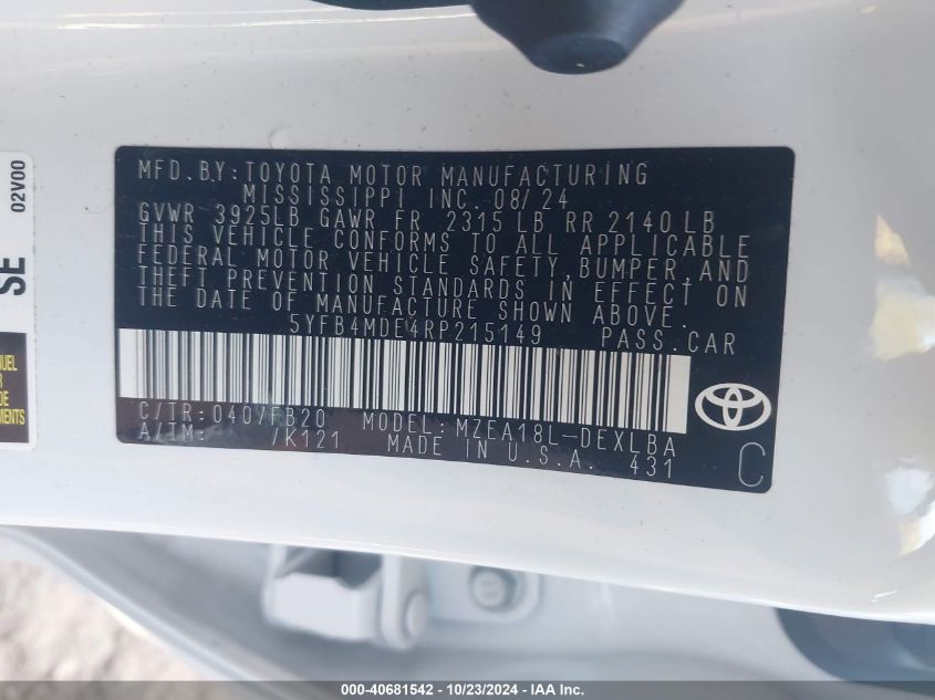 2024 Toyota Corolla Le VIN: 5YFB4MDE4RP215149 Lot: 40681542