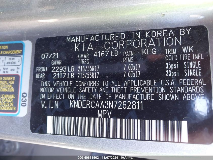 VIN KNDERCAA3N7262811 2022 KIA SELTOS EX
