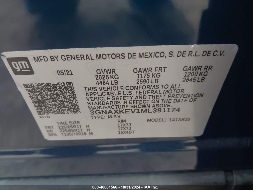 2021 CHEVROLET EQUINOX FWD LT - 3GNAXKEV1ML391174