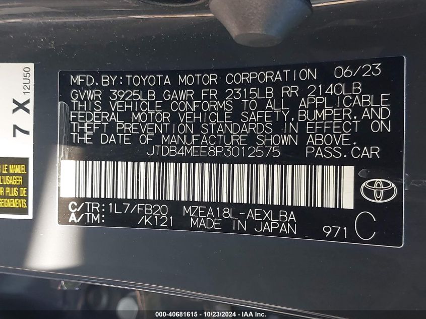 2023 Toyota Corolla Le VIN: JTDB4MEE8P3012575 Lot: 40681615