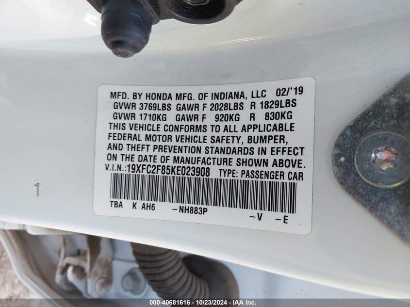 VIN 19XFC2F85KE023908 2019 HONDA CIVIC SPORT