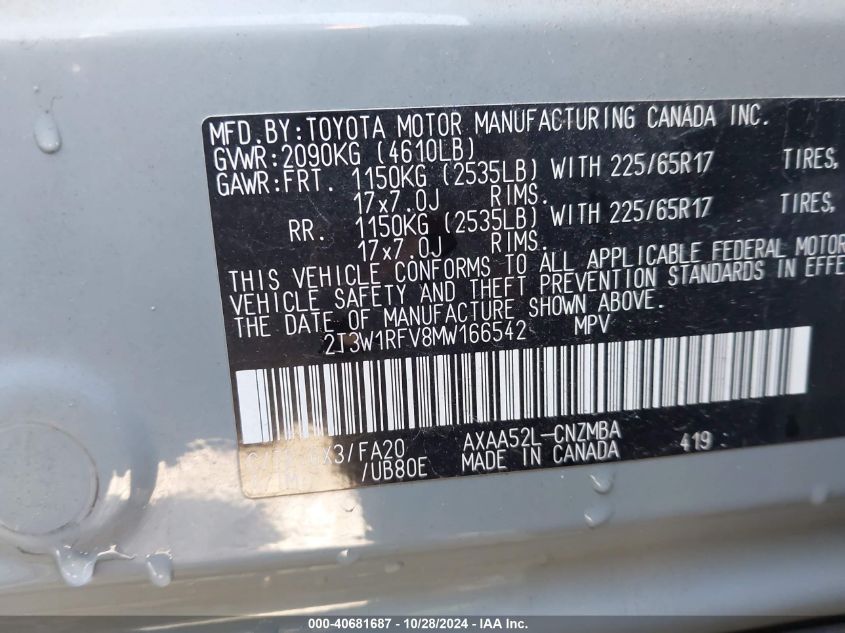 2021 Toyota Rav4 Xle VIN: 2T3W1RFV8MW166542 Lot: 40681687