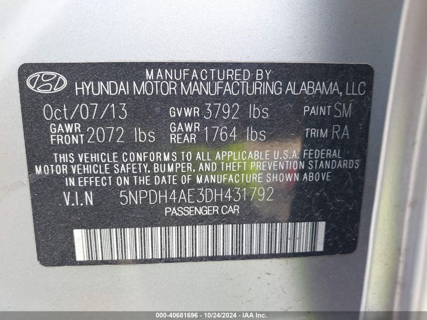 2013 Hyundai Elantra Gls VIN: 5NPDH4AE3DH431792 Lot: 40681696