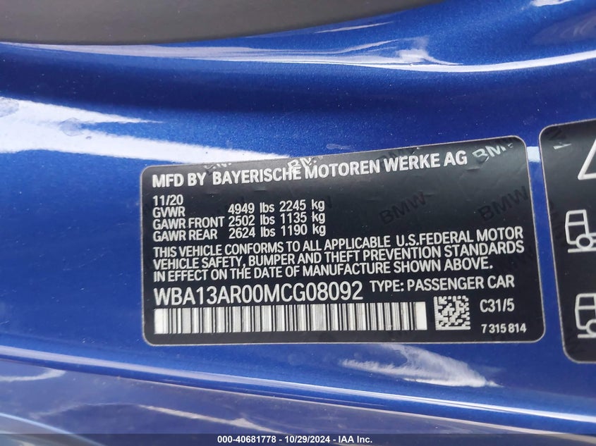 2021 BMW M440I XDRIVE WBA13AR00MCG08092