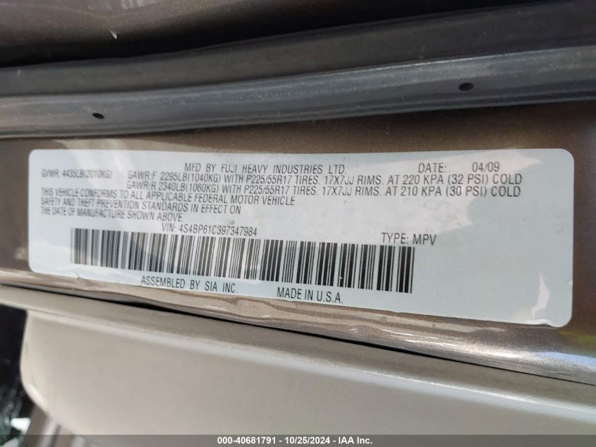 2009 SUBARU OUTBACK VIN: 4S4BP61C397347984