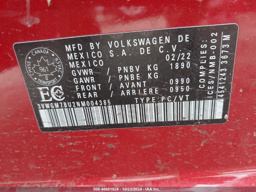 2022 Volkswagen Jetta 1.5T Sel VIN: 3VWGM7BU2NM004385 Lot: 40681824