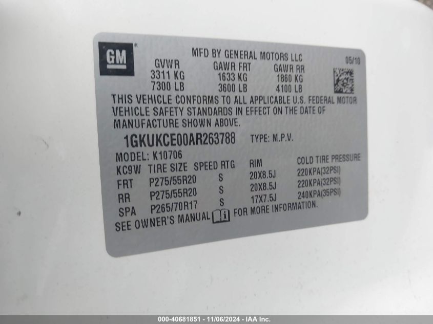 2010 GMC Yukon Slt VIN: 1GKUKCE00AR263788 Lot: 40681851