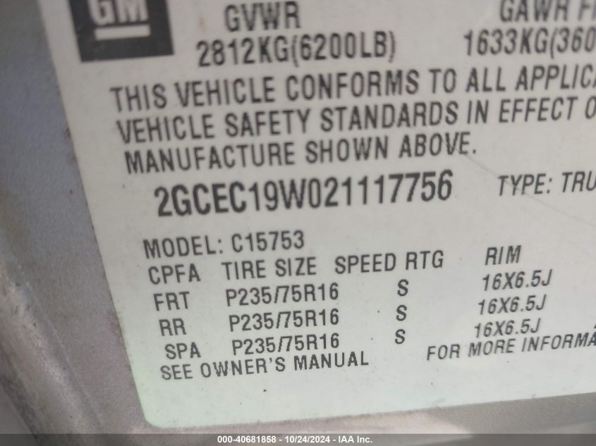 2002 Chevrolet Silverado 1500 VIN: 2GCEC19W021117756 Lot: 40681858