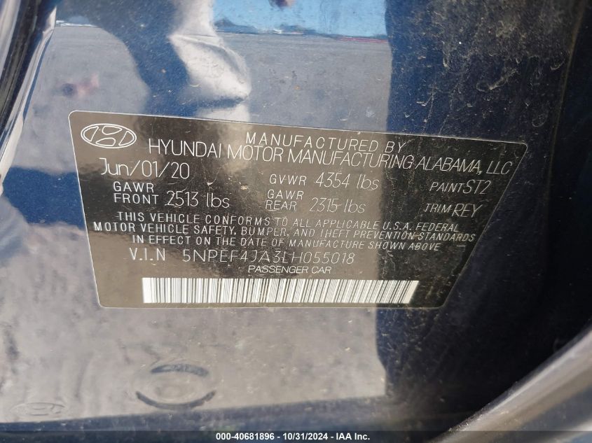 2020 Hyundai Sonata Sel VIN: 5NPEF4JA3LH055018 Lot: 40681896