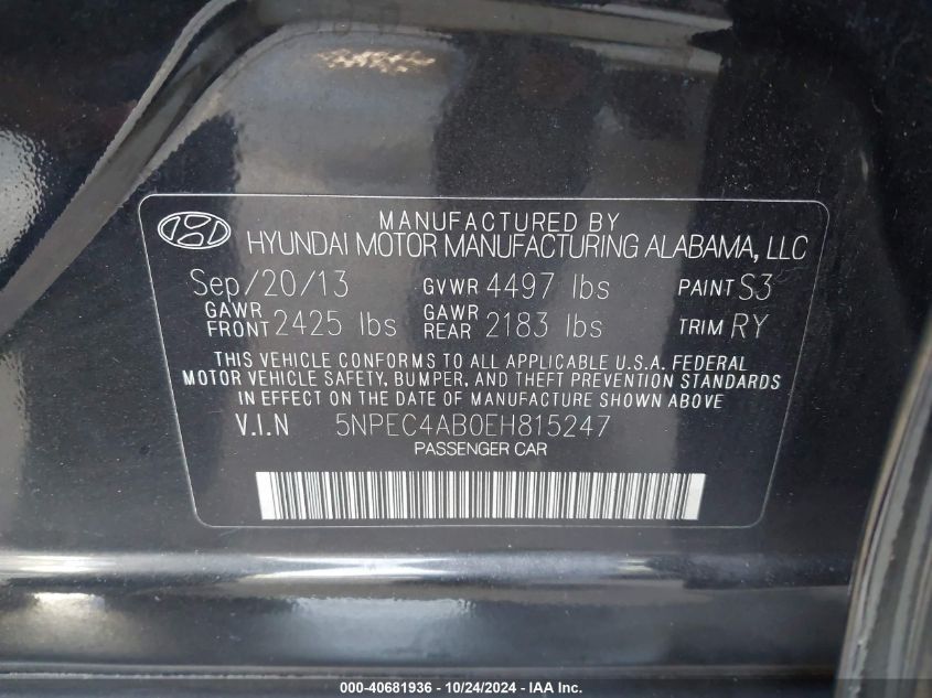 VIN 5NPEC4AB0EH815247 2014 HYUNDAI SONATA no.9