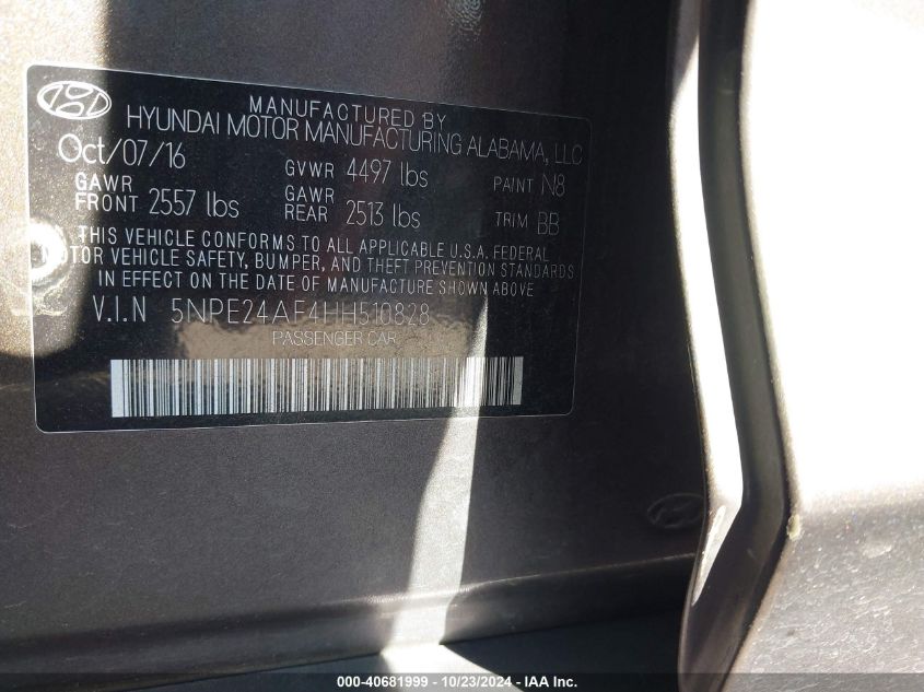 VIN 5NPE24AF4HH510828 2017 HYUNDAI SONATA
