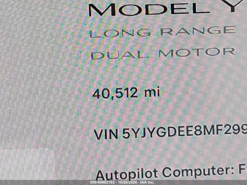 2021 Tesla Model Y Long Range Dual Motor All-Wheel Drive VIN: 5YJYGDEE8MF299609 Lot: 40682183