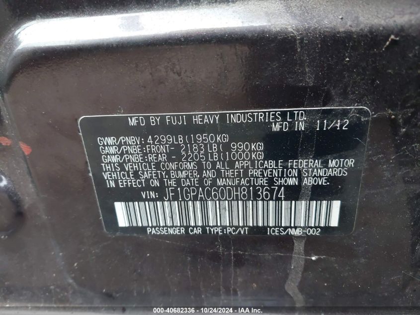 2013 Subaru Impreza 2.0I Premium VIN: JF1GPAC60DH813674 Lot: 40682336