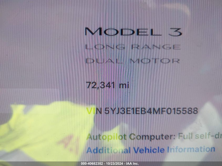 2021 Tesla Model 3 Long Range Dual Motor All-Wheel Drive VIN: 5YJ3E1EB4MF015588 Lot: 40682352