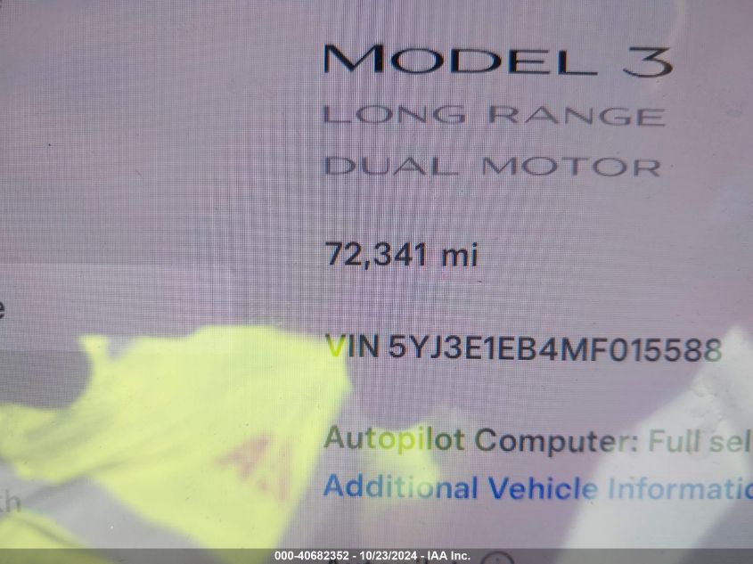 2021 Tesla Model 3 Long Range Dual Motor All-Wheel Drive VIN: 5YJ3E1EB4MF015588 Lot: 40682352