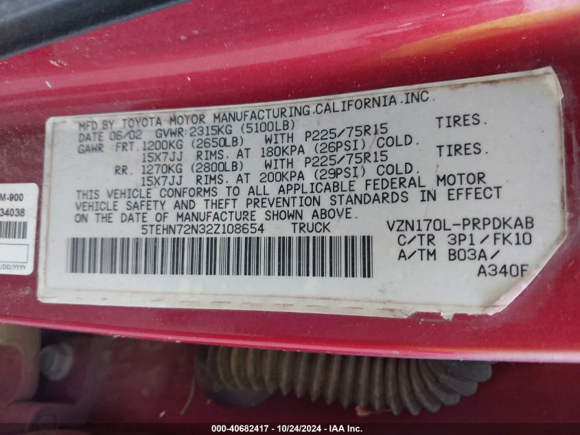 2002 Toyota Tacoma Base V6 VIN: 5TEHN72N32Z108654 Lot: 40682417