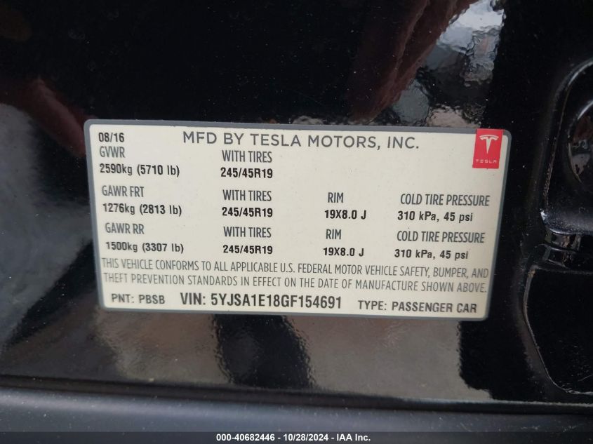 2016 Tesla Model S VIN: 5YJSA1E18GF154691 Lot: 40682446