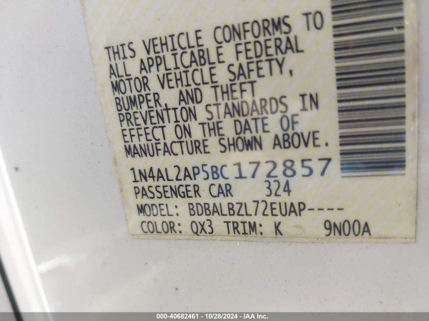 2011 Nissan Altima 2.5 S VIN: 1N4AL2AP5BC172857 Lot: 40682461