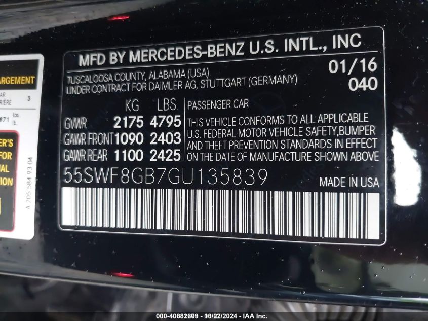 2016 Mercedes-Benz Amg C 63 VIN: 55SWF8GB7GU135839 Lot: 40682609