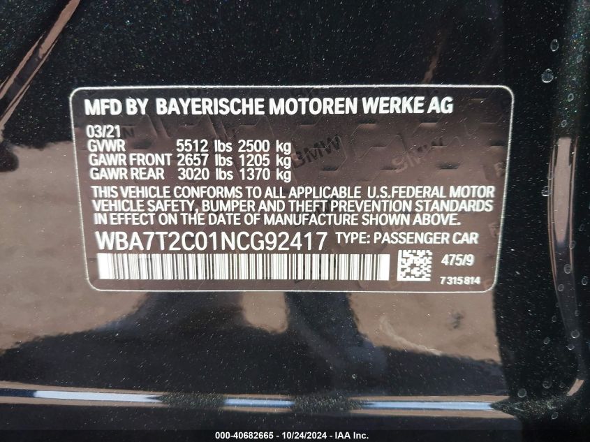 2022 BMW 740 I VIN: WBA7T2C01NCG92417 Lot: 40682665