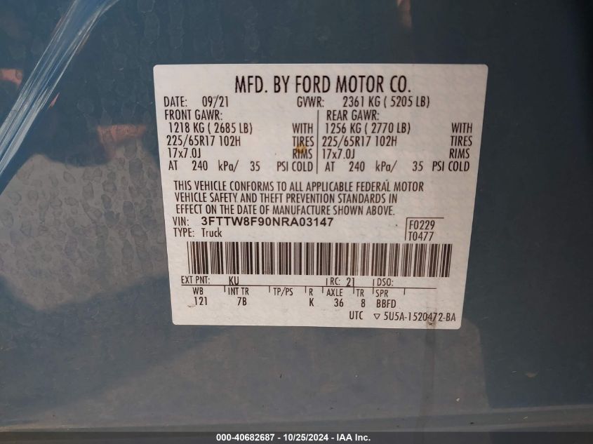 2022 Ford Maverick Xlt VIN: 3FTTW8F90NRA03147 Lot: 40682687