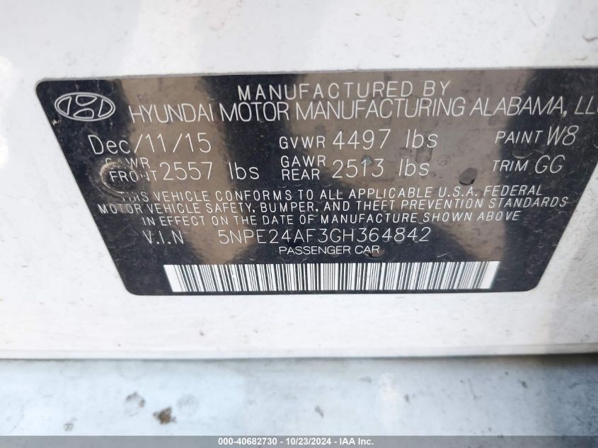 2016 Hyundai Sonata Se VIN: 5NPE24AF3GH364842 Lot: 40682730