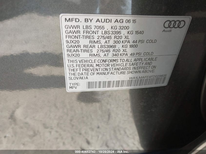 2015 Audi Q7 3.0 Tdi Premium VIN: WA1LMAFE4FD029605 Lot: 40682743