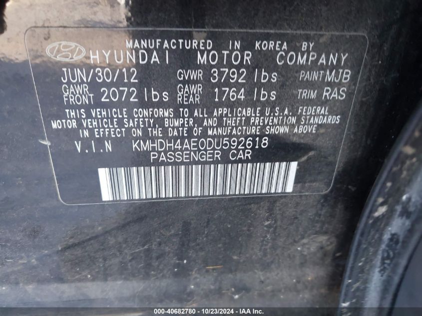 2013 Hyundai Elantra Limited VIN: KMHDH4AE0DU592618 Lot: 40682780