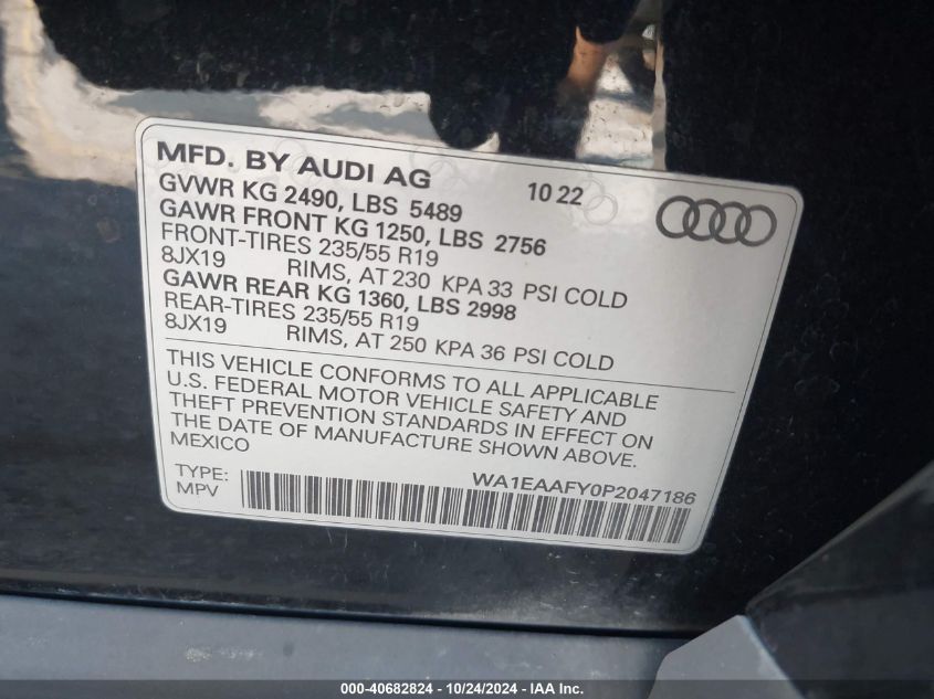 2023 Audi Q5 Premium Plus 45 Tfsi S Line Quattro VIN: WA1EAAFY0P2047186 Lot: 40682824