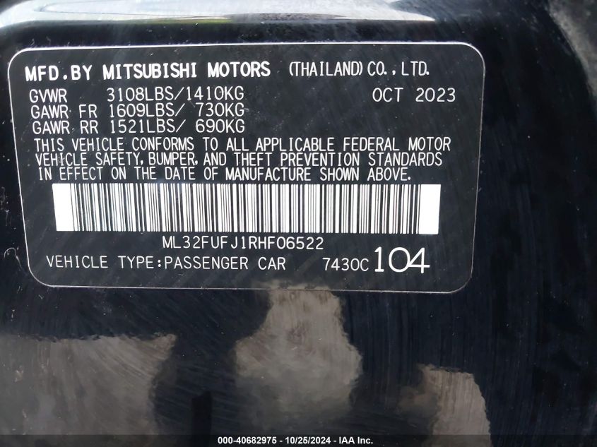 2024 Mitsubishi Mirage G4 Le VIN: ML32FUFJ1RHF06522 Lot: 40682975