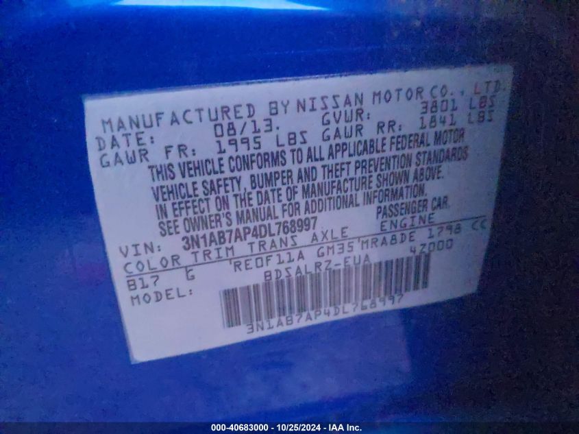 2013 Nissan Sentra Sr VIN: 3N1AB7AP4DL768997 Lot: 40683000