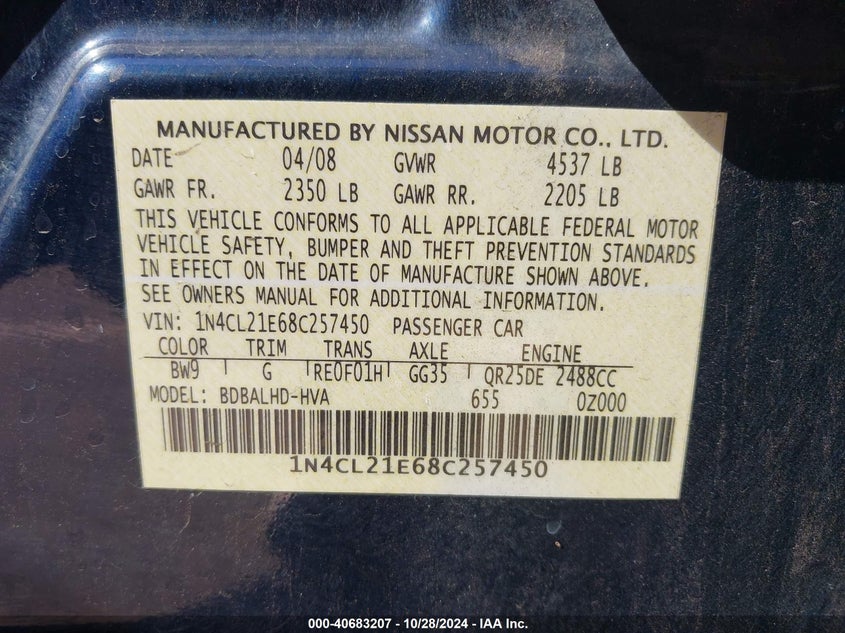 2008 NISSAN ALTIMA VIN: 1N4CL21E68C257450