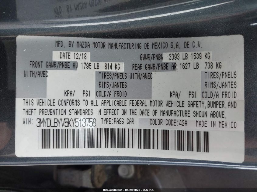 2019 Toyota Yaris Le VIN: 3MYDLBYV5KY513758 Lot: 40683231