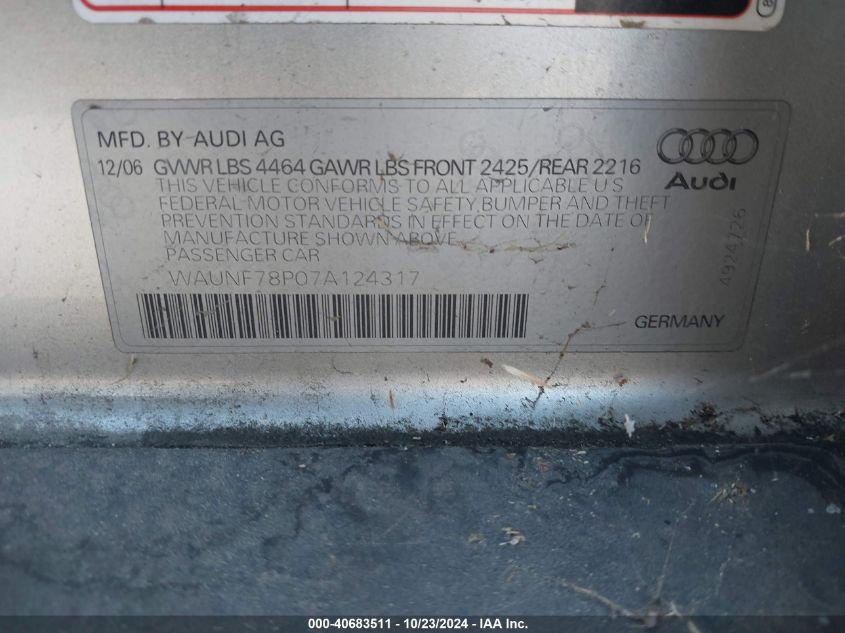 2007 Audi A3 2.0T VIN: WAUNF78P07A124317 Lot: 40683511