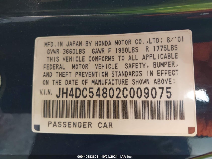 2002 Acura Rsx VIN: JH4DC54802C009075 Lot: 40683601