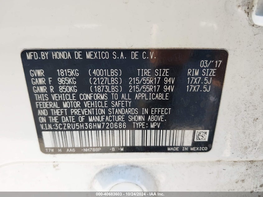 2017 HONDA HR-V LX - 3CZRU5H36HM720686