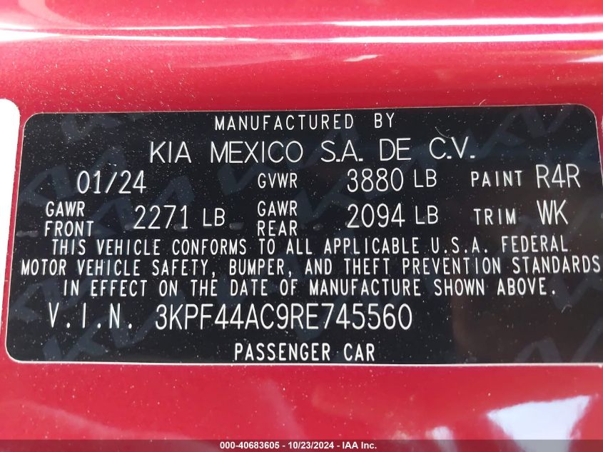 2024 Kia Forte Gt Manual VIN: 3KPF44AC9RE745560 Lot: 40683605