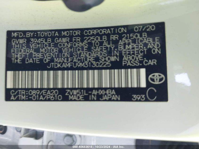 2021 Toyota Prius 2020 Edition VIN: JTDKAMFU9M3130225 Lot: 40683618