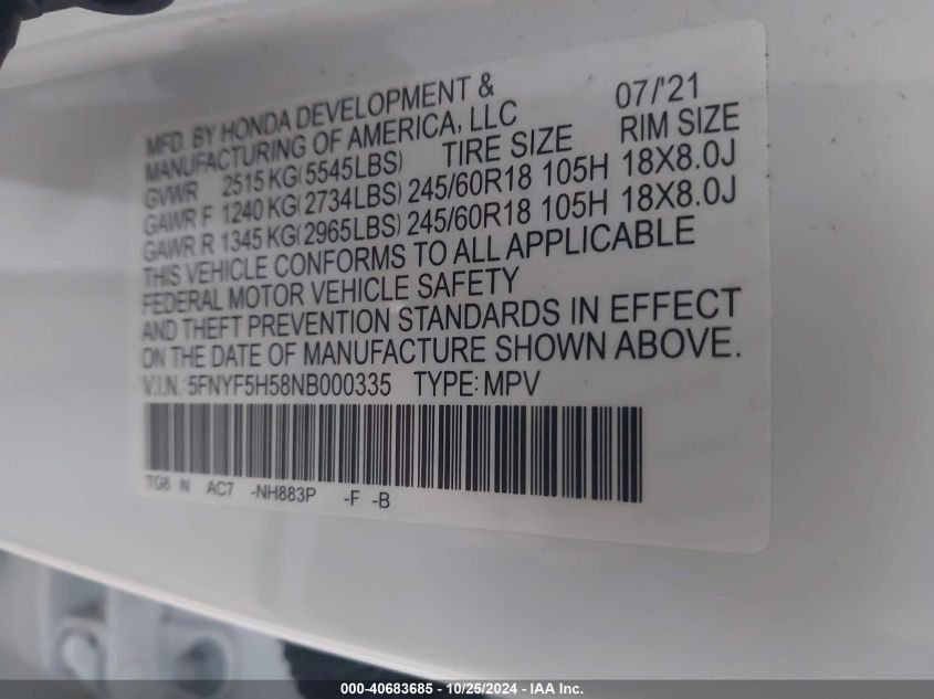 2022 Honda Pilot 2Wd Ex-L VIN: 5FNYF5H58NB000335 Lot: 40683685