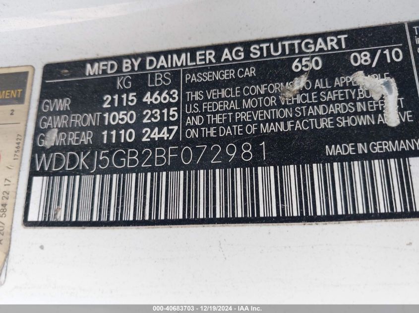 2011 Mercedes-Benz E 350 VIN: WDDKJ5GB2BF072981 Lot: 40683703