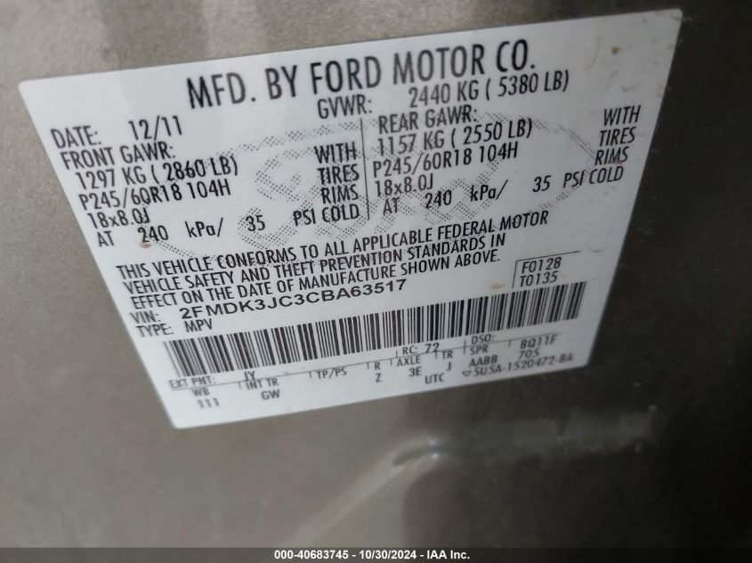 2012 Ford Edge Sel VIN: 2FMDK3JC3CBA63517 Lot: 40683745