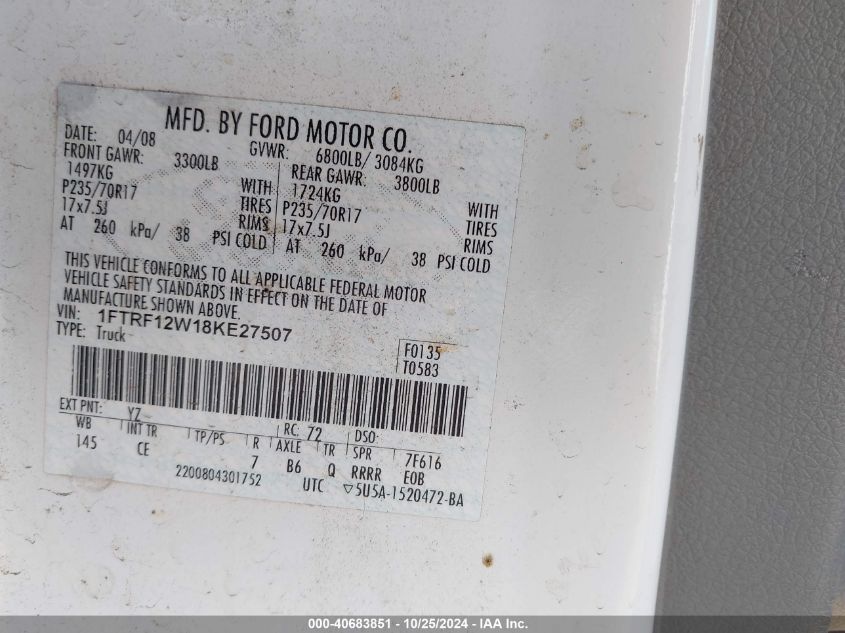 2008 Ford F-150 Fx2/Stx/Xl/Xlt VIN: 1FTRF12W18KE27507 Lot: 40683851